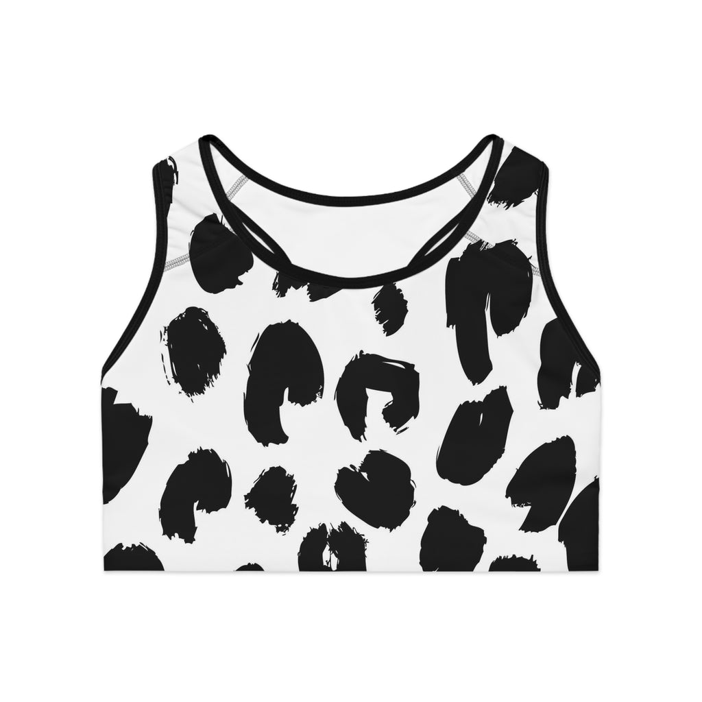 Black Brushstroke Leopard Sports Bra — Bold Monochrome Activewear