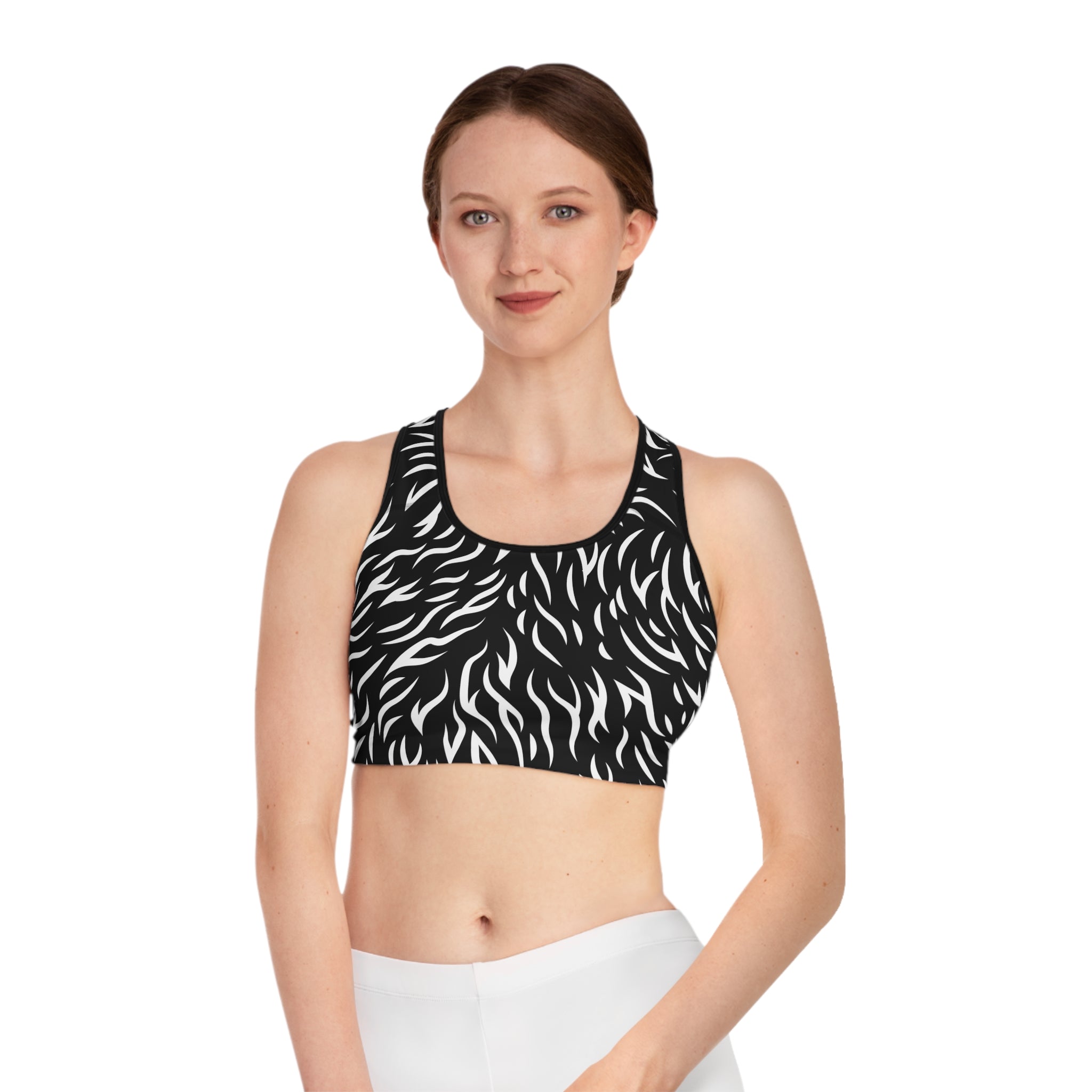 Monochrome Zebra Print Sports Bra — Black & White Active Crop Top