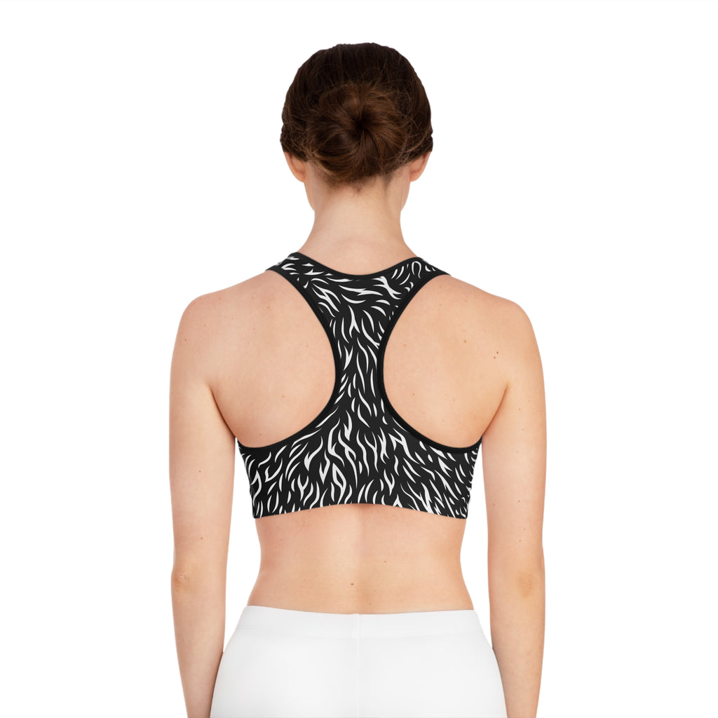 Monochrome Zebra Print Sports Bra — Black & White Active Crop Top