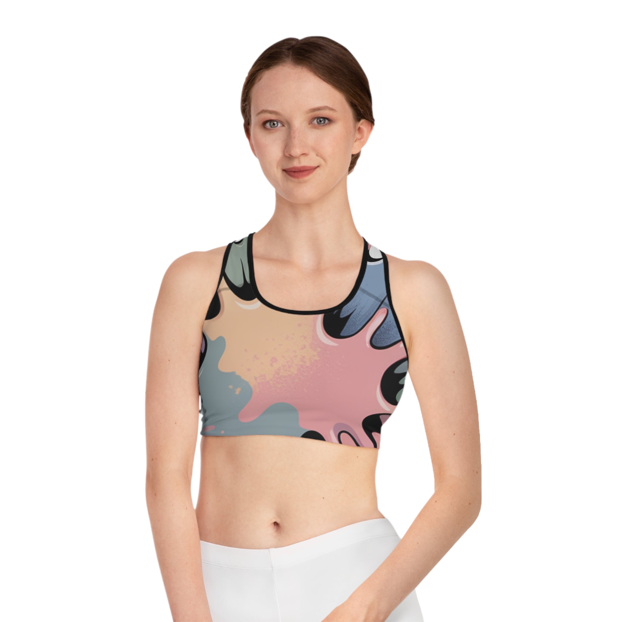 Abstract Splash Sports Bra — Colorful Floral-Inspired All-Over Print Activewear