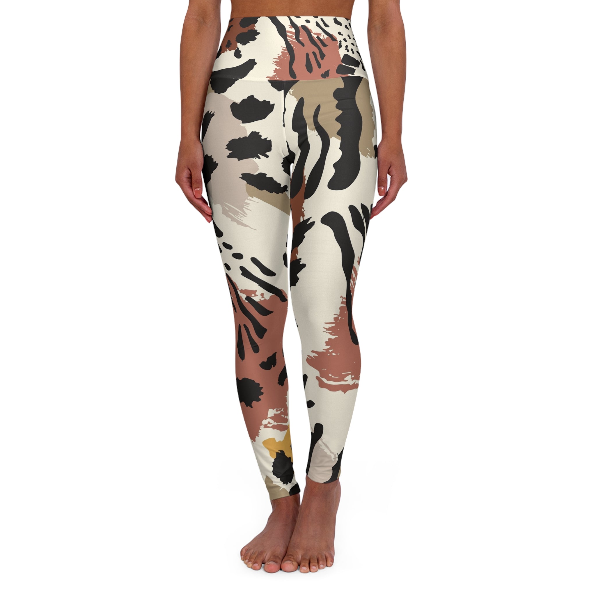 High-Waist Animal Print Yoga Leggings — Neutral Abstract Leopard Pattern