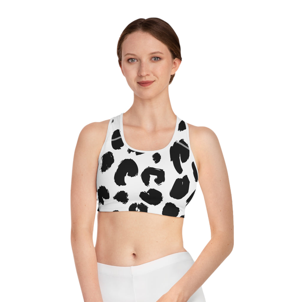 Black Brushstroke Leopard Sports Bra — Bold Monochrome Activewear