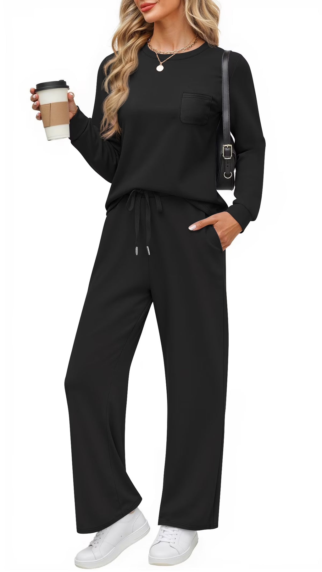 Two Piece  Fall Outfits Long Sleeve Tops Wide Leg Pants Matching Sets Vacation Travel Outfits