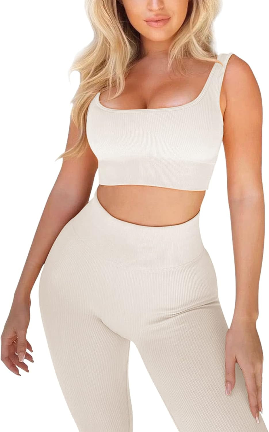 Workout Set for Women Outfit 2 Piece Seamless Ribbed High Waist Yoga Leggings with Sports Paded Bra