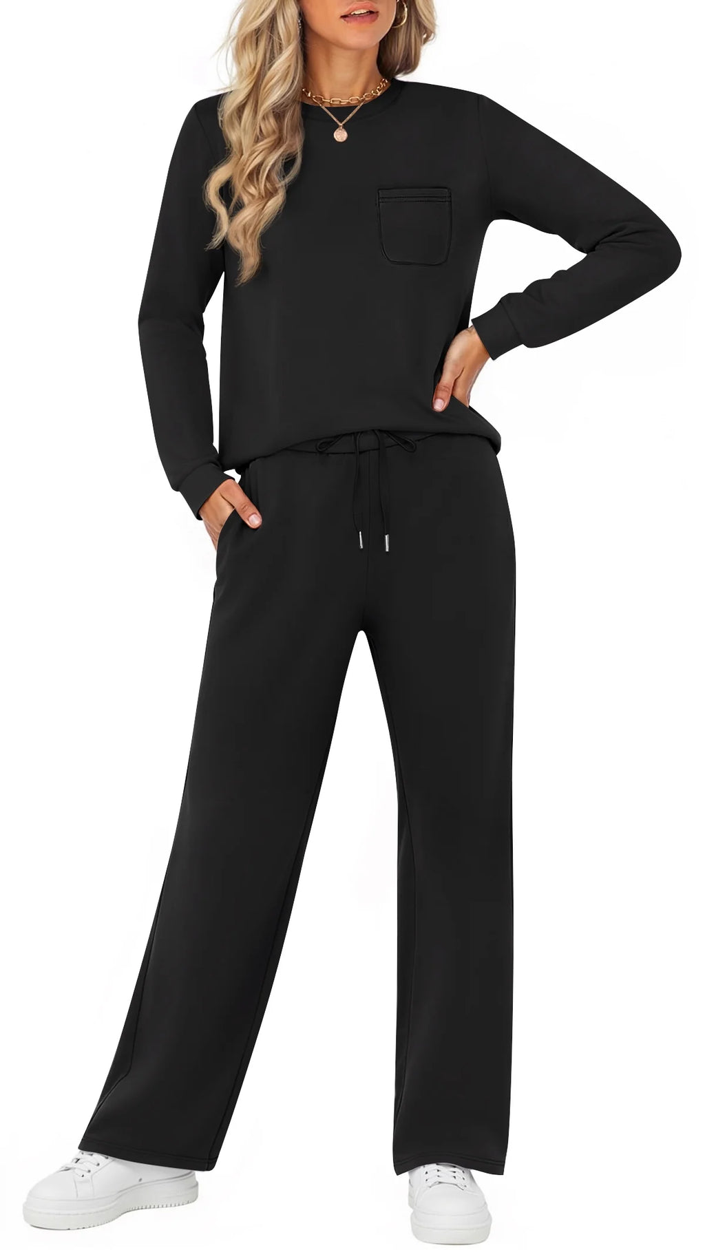 Two Piece  Fall Outfits Long Sleeve Tops Wide Leg Pants Matching Sets Vacation Travel Outfits