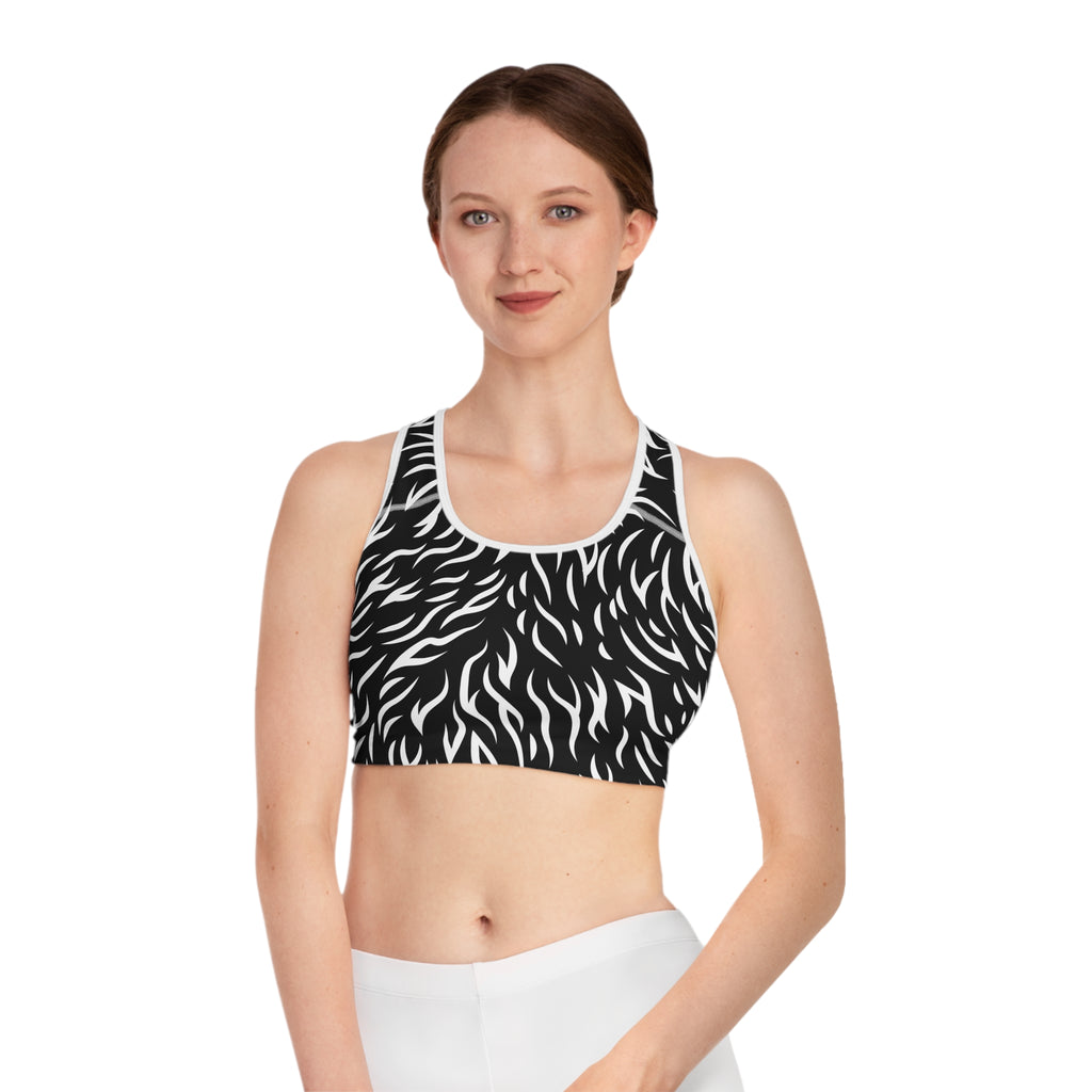 Monochrome Zebra Print Sports Bra — Black & White Active Crop Top