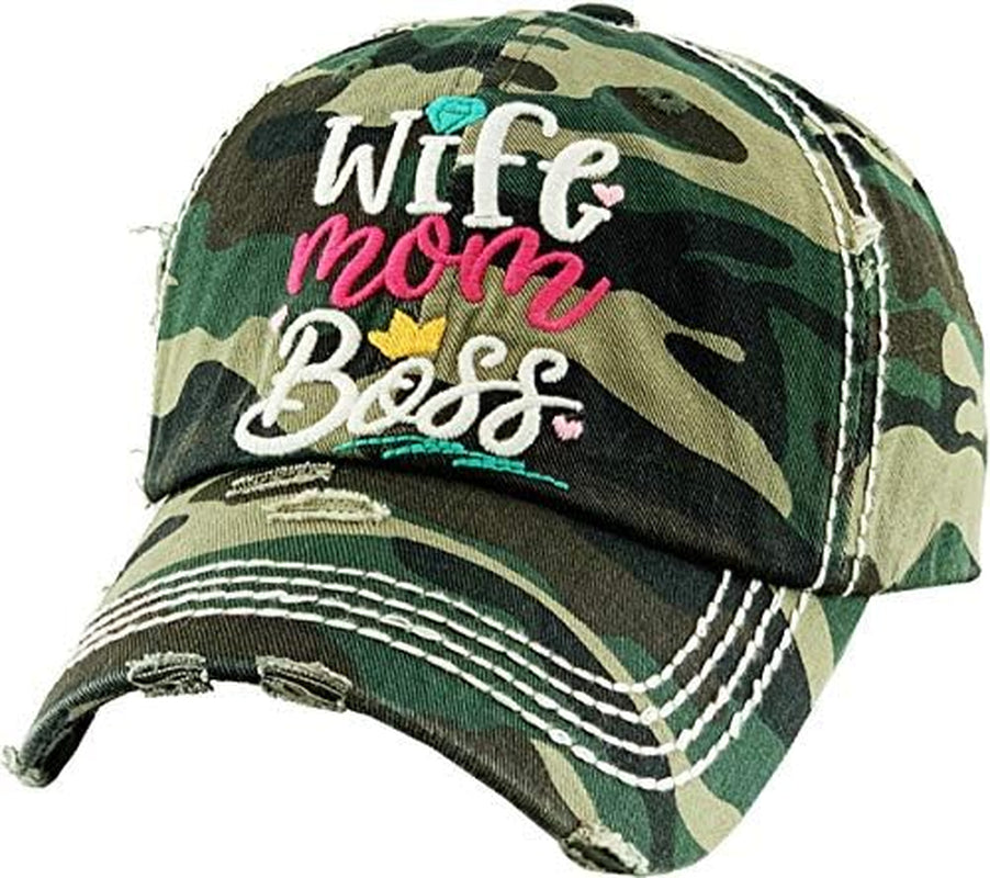 Women'S Vintage Distressed Cotton Adjustable Camper Ball Cap, Happy Camper Hat Cool Mom Hat Wife Mom Boss - Camo Script