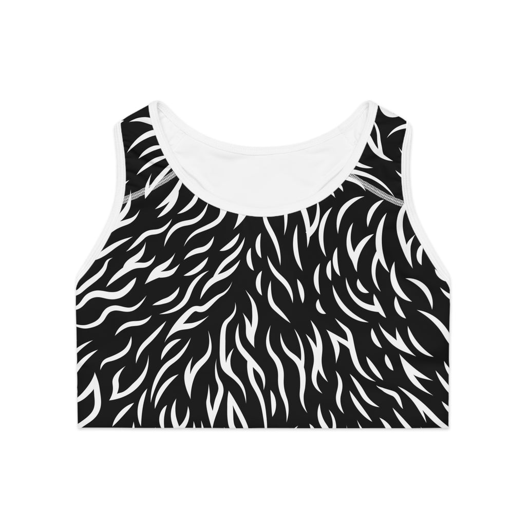 Monochrome Zebra Print Sports Bra — Black & White Active Crop Top
