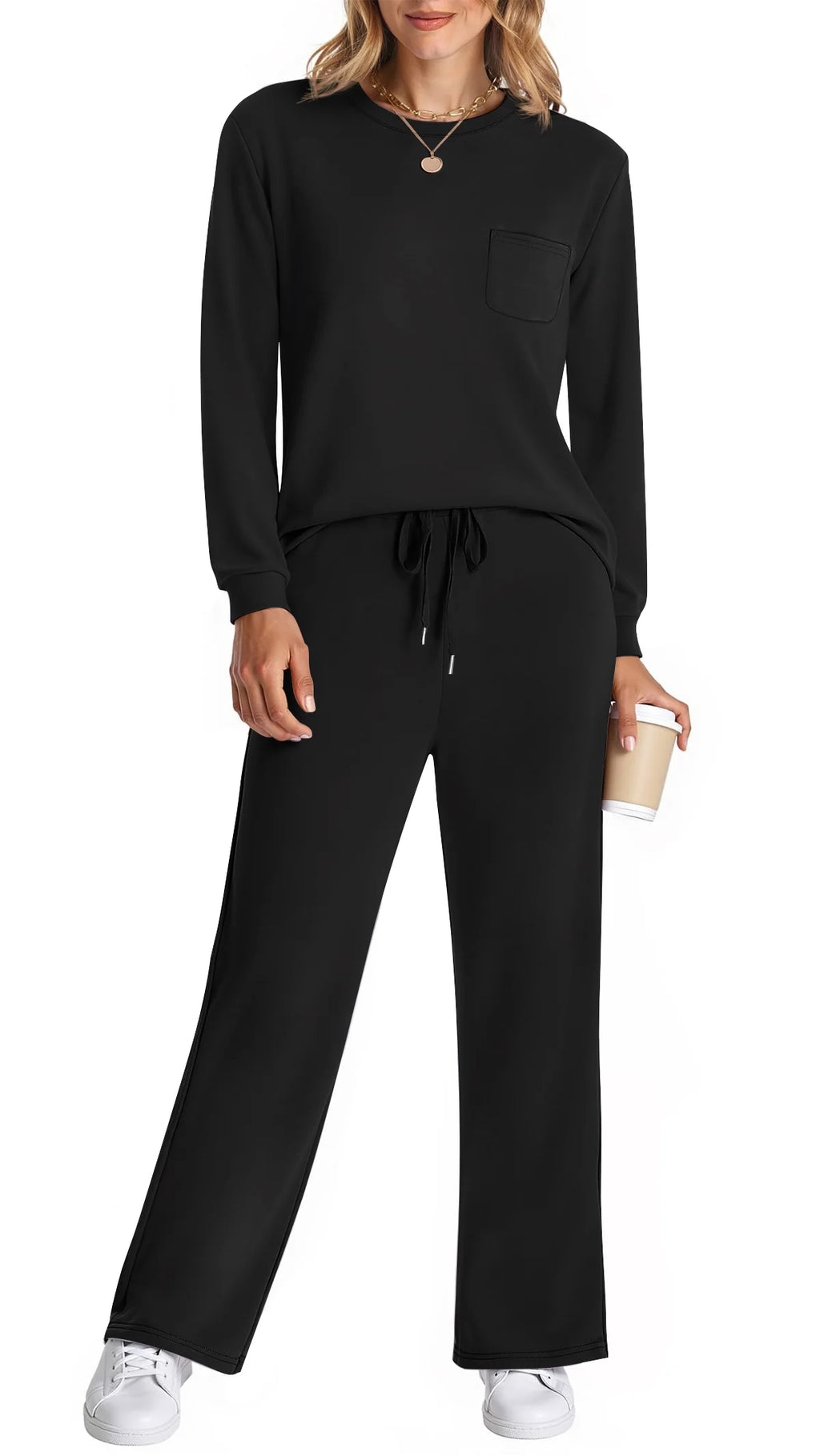 Two Piece  Fall Outfits Long Sleeve Tops Wide Leg Pants Matching Sets Vacation Travel Outfits