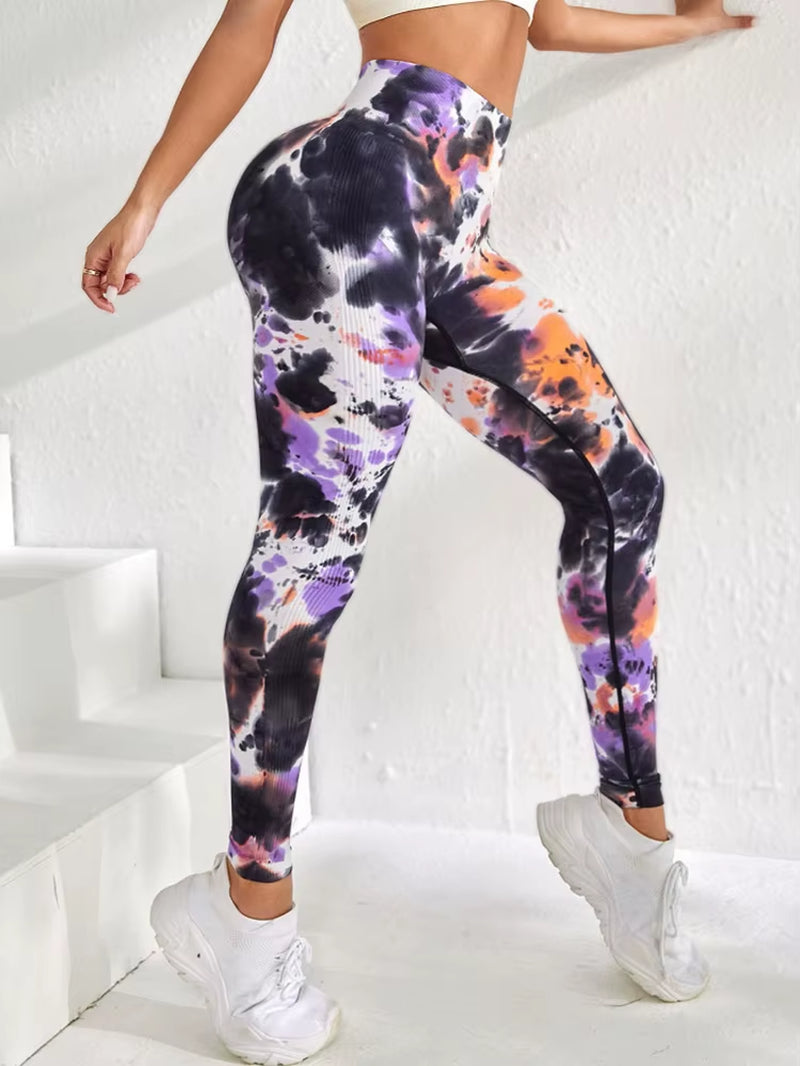 Fashionable Sexy High Waist Sports Leggings Printed Gym Tights Woman Running Pants Booty Lifting Leggings Tie Dye Push up Leggi