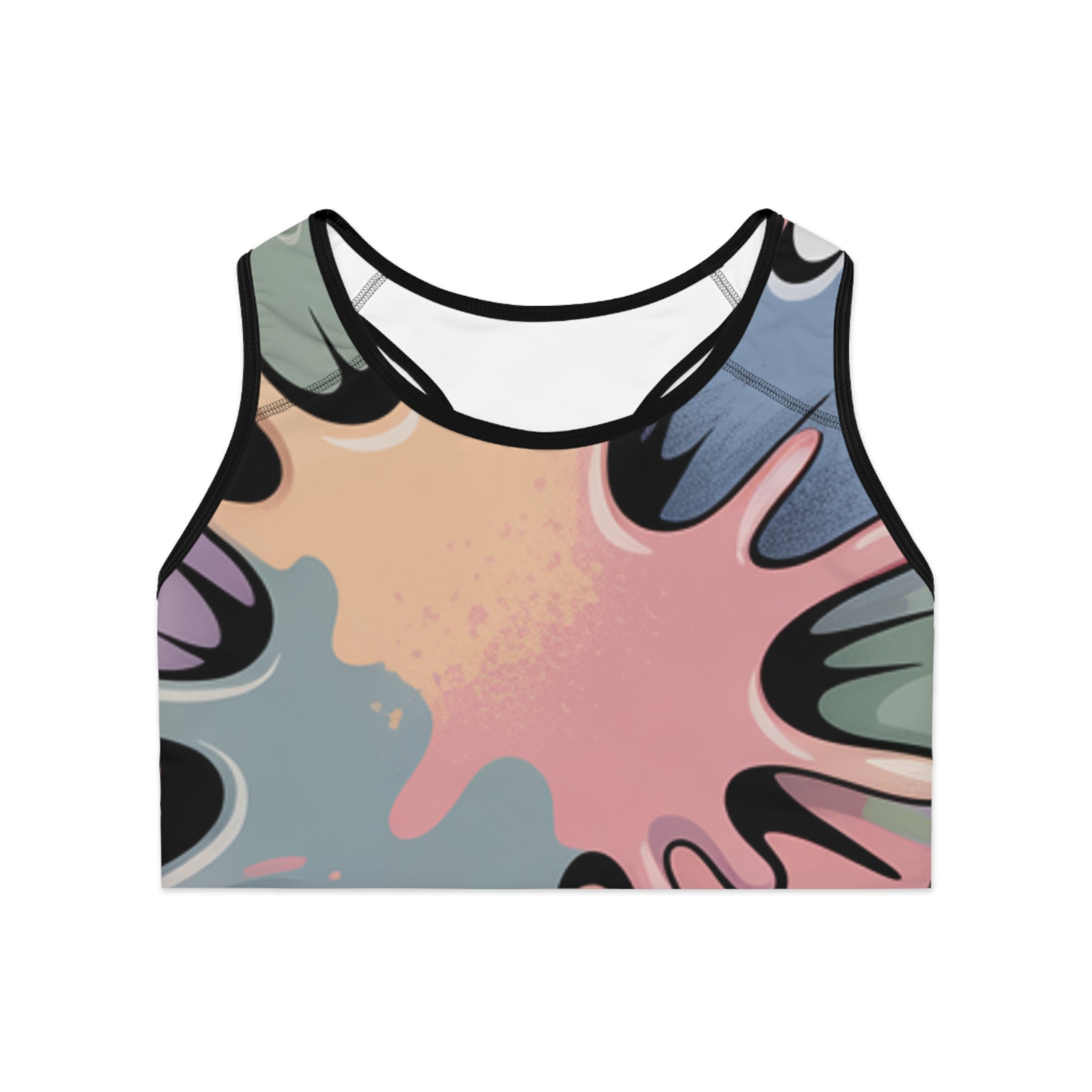 Abstract Splash Sports Bra — Colorful Floral-Inspired All-Over Print Activewear