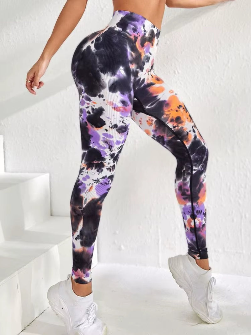 Fashionable Sexy High Waist Sports Leggings Printed Gym Tights Woman Running Pants Booty Lifting Leggings Tie Dye Push up Leggi