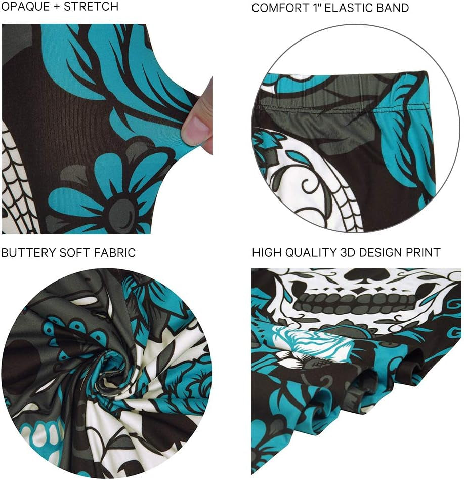 Women'S Sugar Skull Leggings Buttery Soft Rose Flower Printed Halloween Stretchy Pants 28"