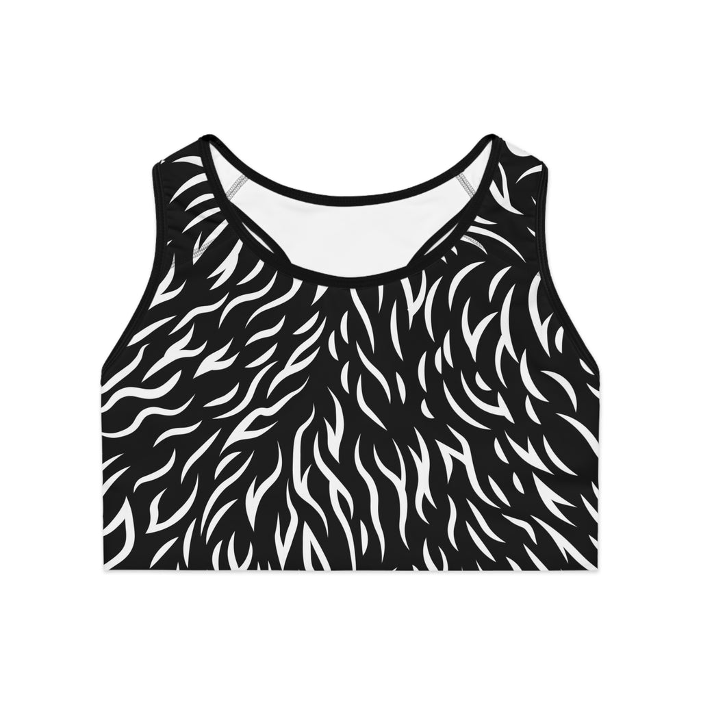 Monochrome Zebra Print Sports Bra — Black & White Active Crop Top
