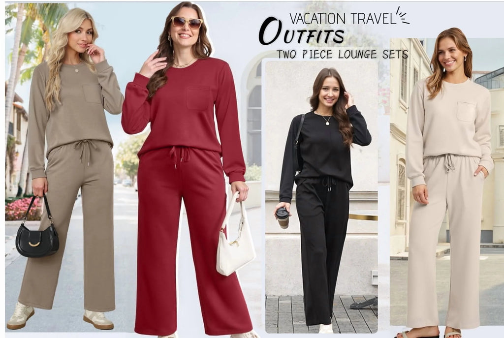 Two Piece  Fall Outfits Long Sleeve Tops Wide Leg Pants Matching Sets Vacation Travel Outfits