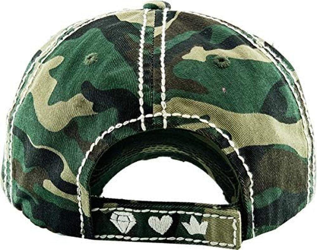 Women'S Vintage Distressed Cotton Adjustable Camper Ball Cap, Happy Camper Hat Cool Mom Hat Wife Mom Boss - Camo Script