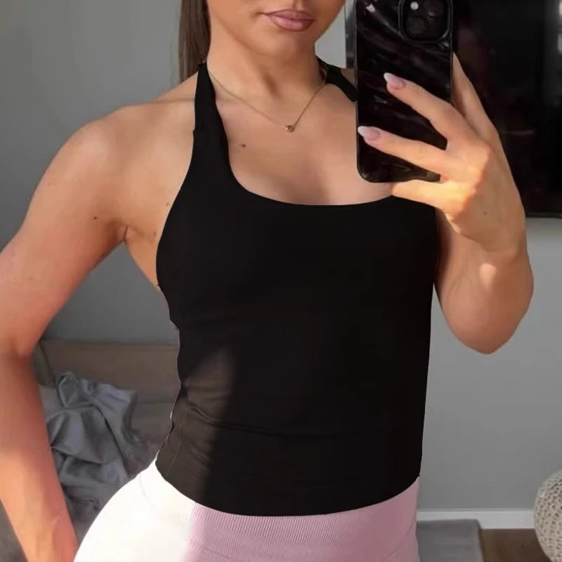 Gym Top Women Clothes Strappy Workout Tank Top Padded Sports Bra Backless Yoga Shirts Seamless Gym Crop Top Halter Fitness Vest