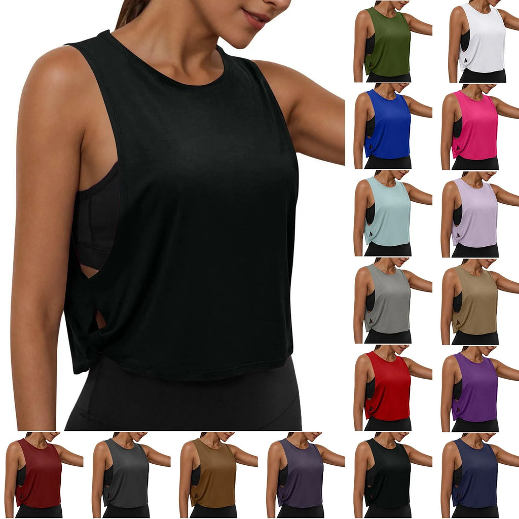 Women Sleeveless Yoga Tops Breathable Blouse Cover Up Gym Workout Cool T-Shirt Running Short Tank Crop Top Athletic Vest