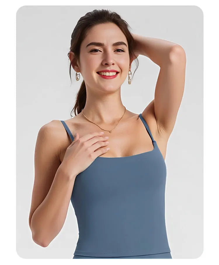 GYM Tank Top with Built in Bra Women's Yoga Clothing Running Square Neck Fitness Vest Beautiful Back Sports Workout Yoga Vest