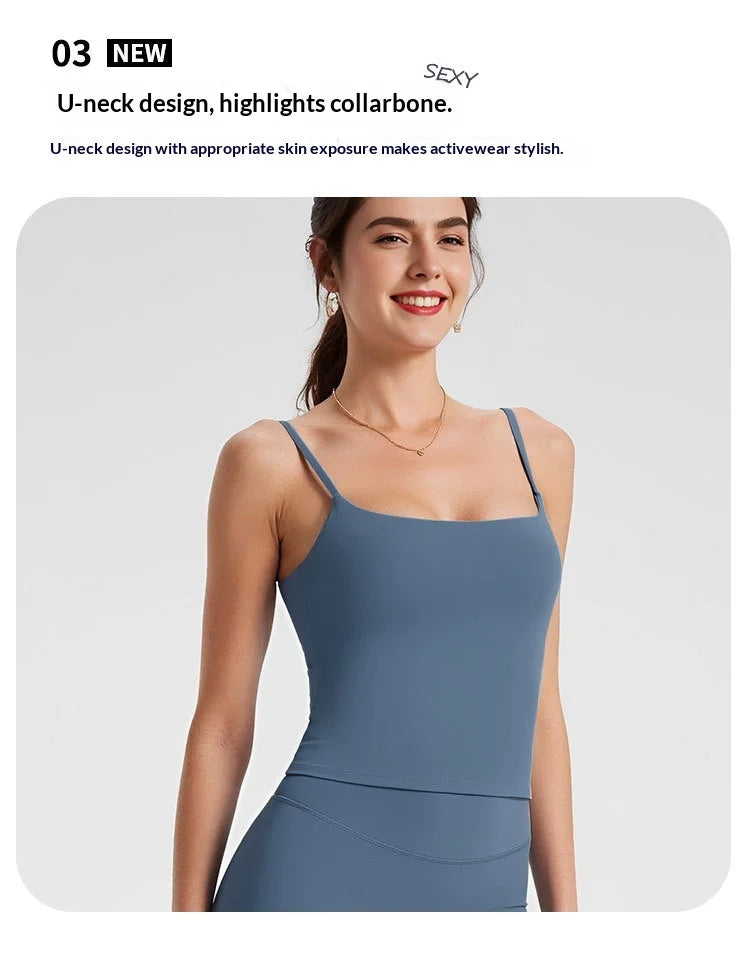 GYM Tank Top with Built in Bra Women's Yoga Clothing Running Square Neck Fitness Vest Beautiful Back Sports Workout Yoga Vest