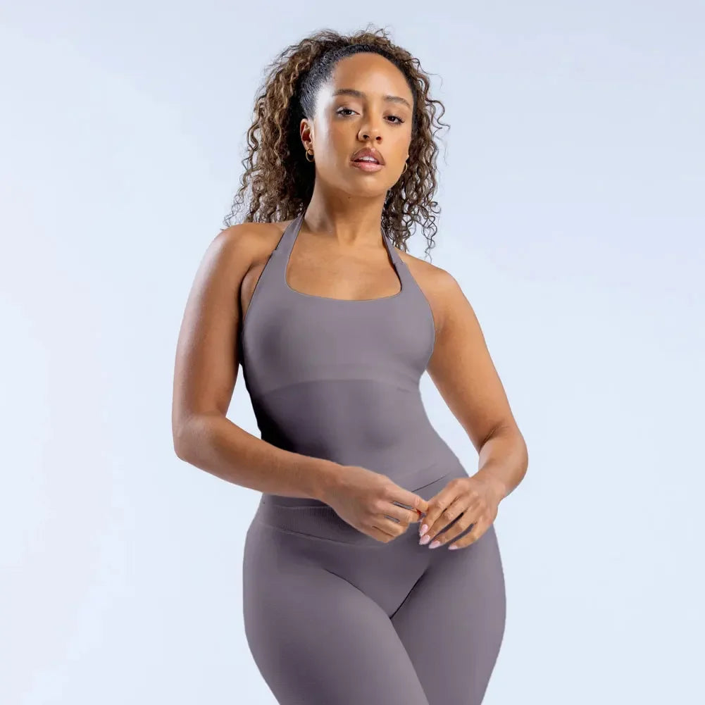 Gym Top Women Clothes Strappy Workout Tank Top Padded Sports Bra Backless Yoga Shirts Seamless Gym Crop Top Halter Fitness Vest