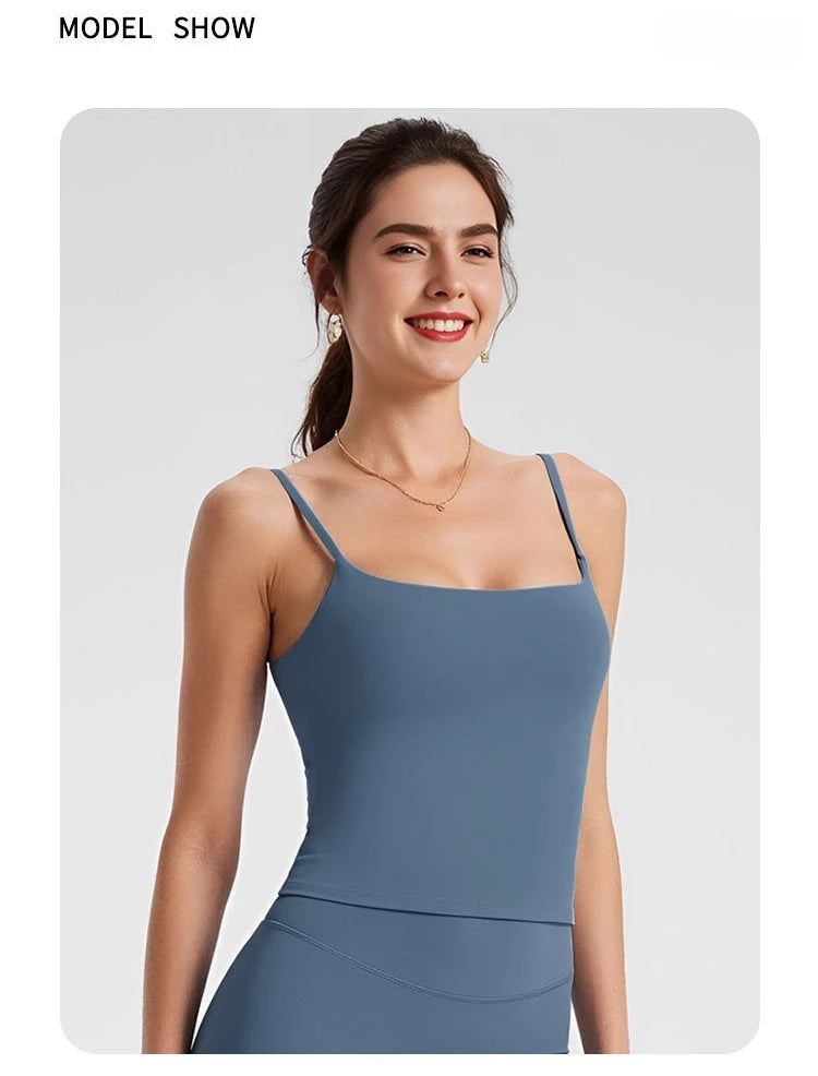 GYM Tank Top with Built in Bra Women's Yoga Clothing Running Square Neck Fitness Vest Beautiful Back Sports Workout Yoga Vest