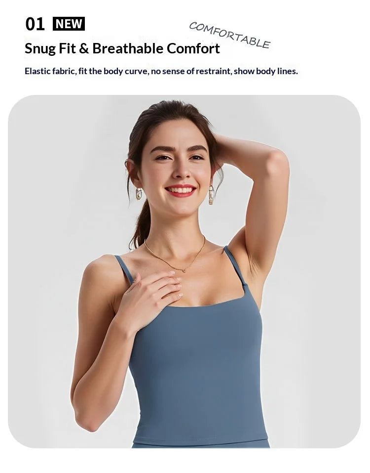 GYM Tank Top with Built in Bra Women's Yoga Clothing Running Square Neck Fitness Vest Beautiful Back Sports Workout Yoga Vest