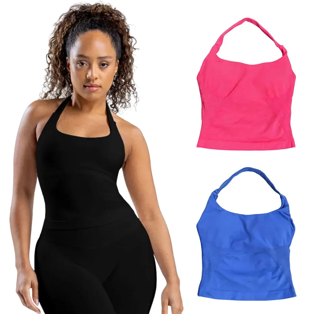 Gym Top Women Clothes Strappy Workout Tank Top Padded Sports Bra Backless Yoga Shirts Seamless Gym Crop Top Halter Fitness Vest