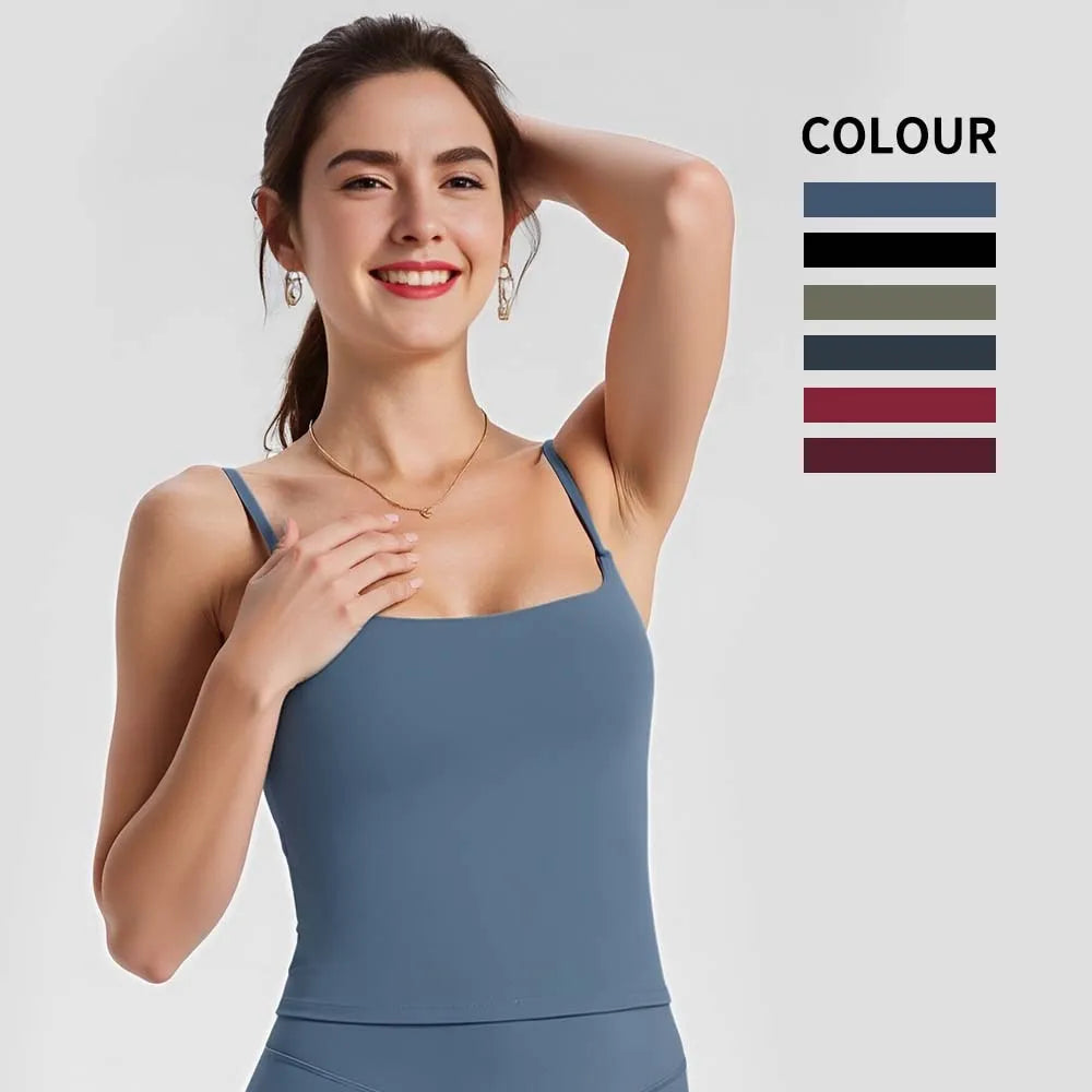 GYM Tank Top with Built in Bra Women's Yoga Clothing Running Square Neck Fitness Vest Beautiful Back Sports Workout Yoga Vest