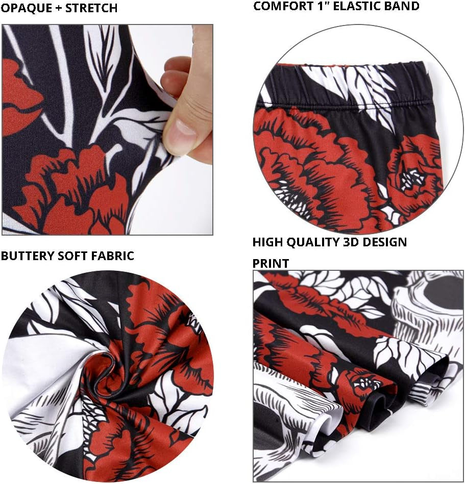 Women'S Sugar Skull Leggings Buttery Soft Rose Flower Printed Halloween Stretchy Pants 28"