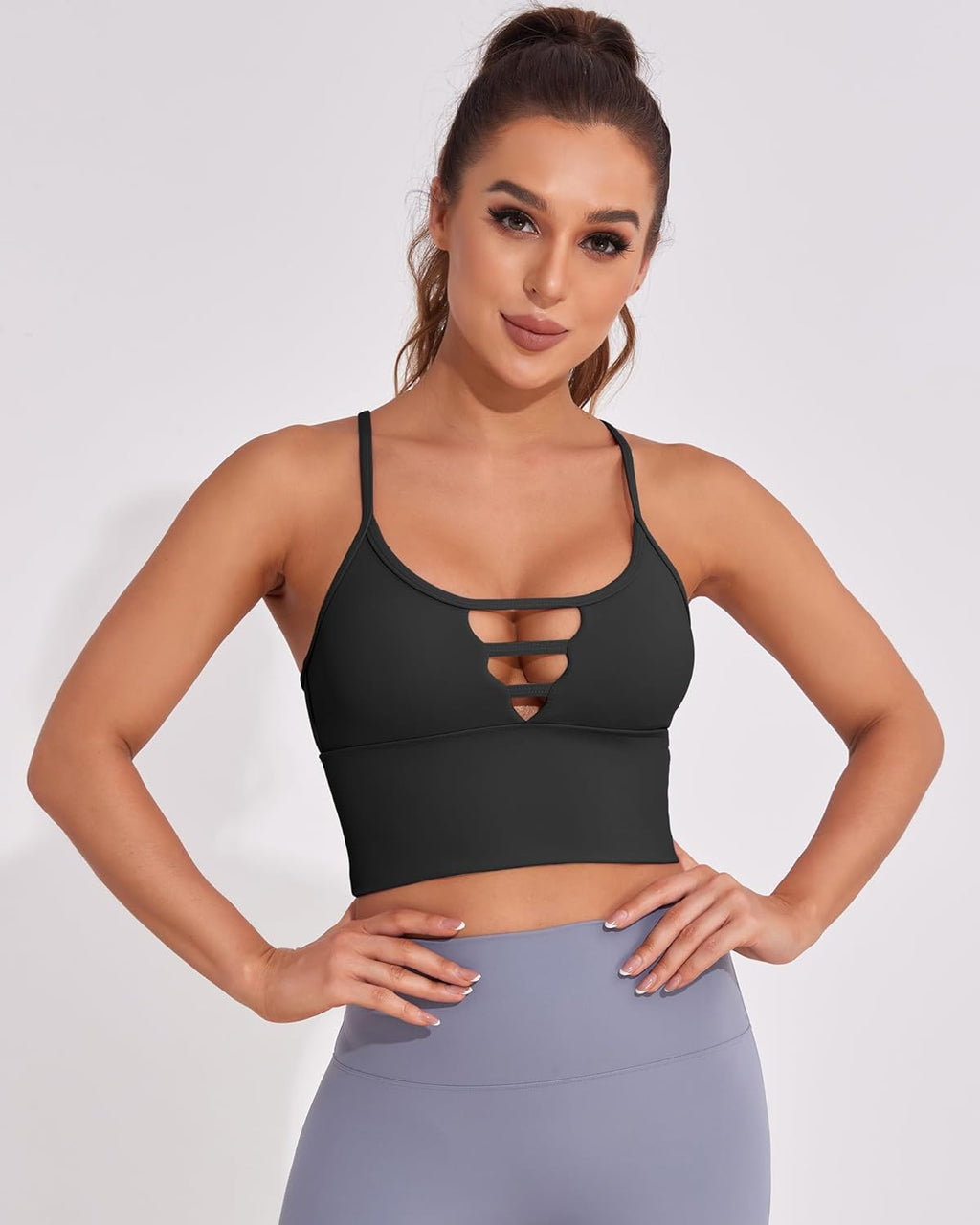 Longline Sports Bras for Women High Support Strappy Push up Workout Tops Built in Bra Padded Crop Yoga Tank Top