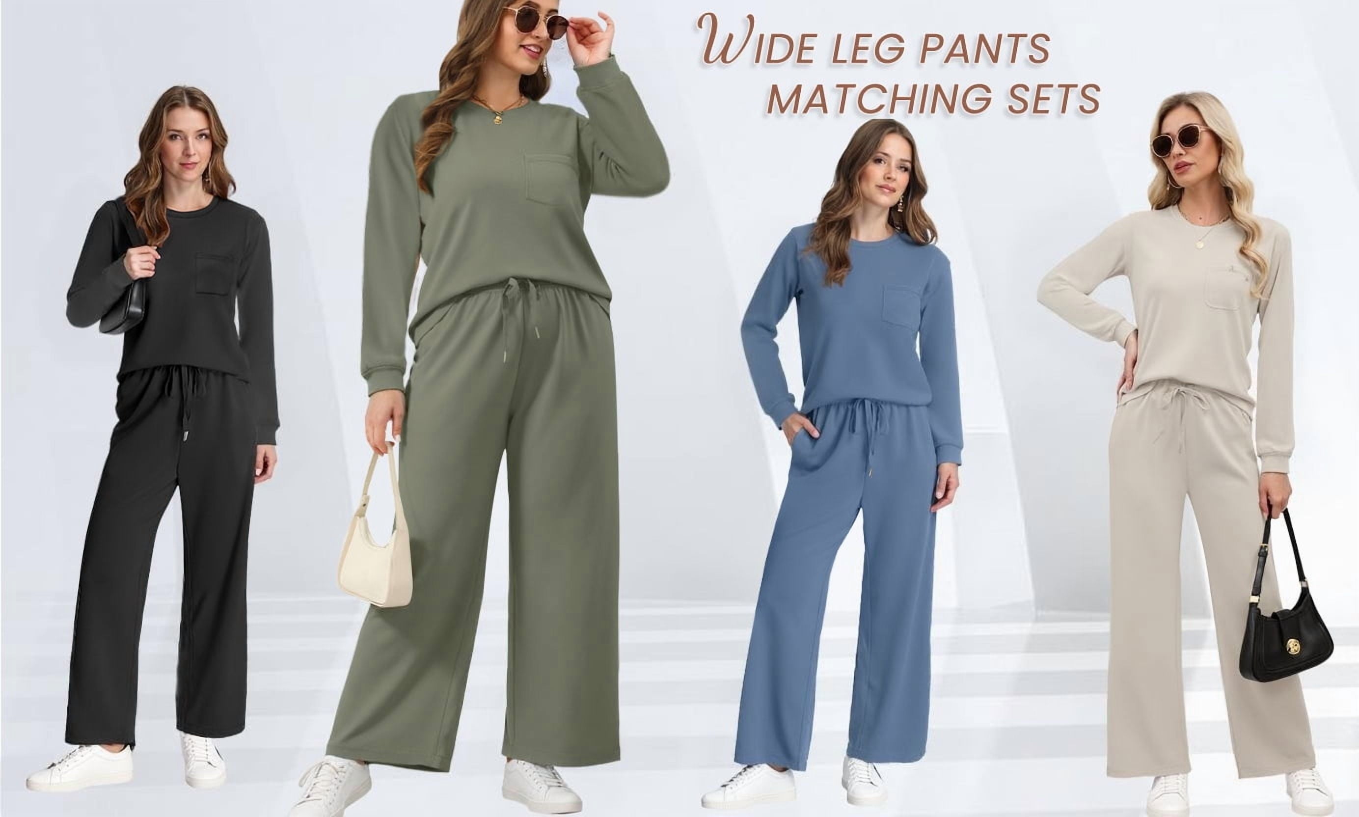 Two Piece  Fall Outfits Long Sleeve Tops Wide Leg Pants Matching Sets Vacation Travel Outfits