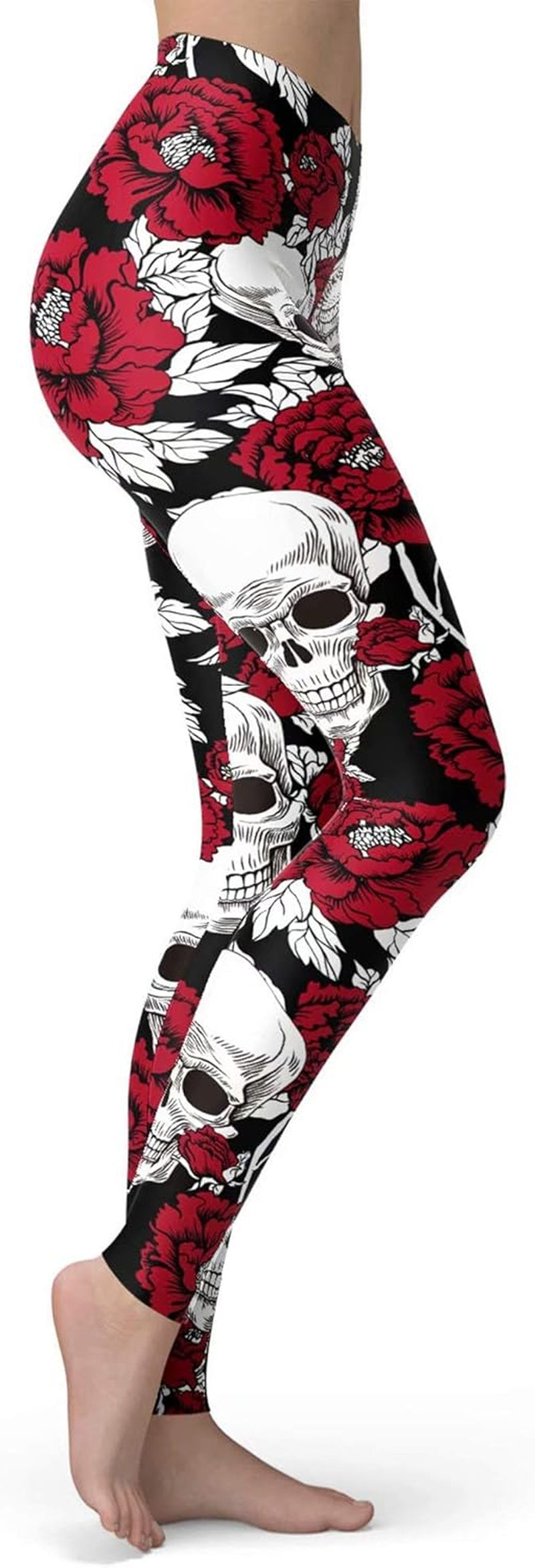 Women'S Sugar Skull Leggings Buttery Soft Rose Flower Printed Halloween Stretchy Pants 28"