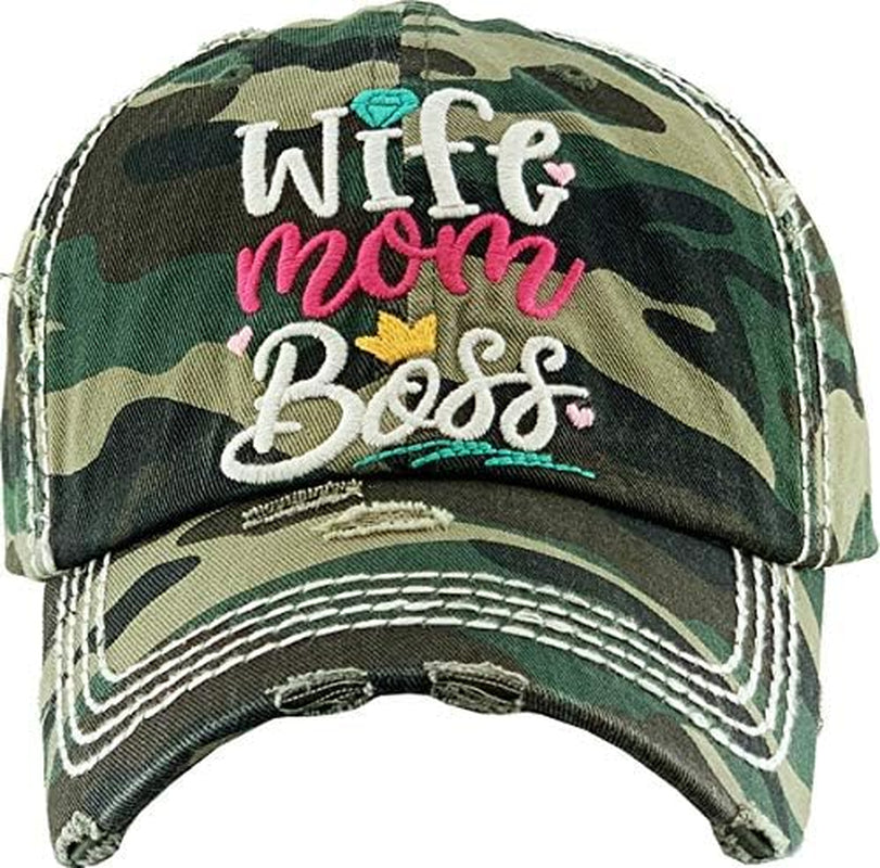 Women'S Vintage Distressed Cotton Adjustable Camper Ball Cap, Happy Camper Hat Cool Mom Hat Wife Mom Boss - Camo Script
